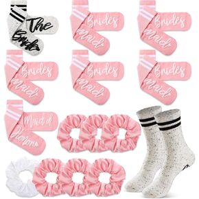 Toulite 7 Pairs Bride Bridesmaid Socks 7 Satin Bridesmaid Scrunchies Women Wedding Gifts Set Bachelorette Party Favors