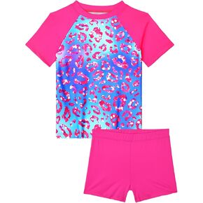 Girls Swimsuit Colorful Short Sleeve Bathing Suits UPF 50+ Rash Guard Set Two Piece Summer Swimwear