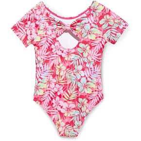 Haloumoning Girls One Piece Swimsuits Kids Short Sleeve Bowknot Backless Bathing Suit Swimwear 5-14 Years
