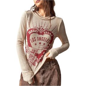 GORGLITTER Women's Graphic Tees Long Sleeve Crewneck Slim Fit Tee Shirt
