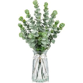 Hollyone Artificial Eucalyptus Stems in Glass Vase with Faux Water, 20.4" Fake Plant Eucalyptus Leaves Faux Greenery Eucalyptus Branches for Home Office Farmhouse Bathroom Wedding Centerpiece Decor