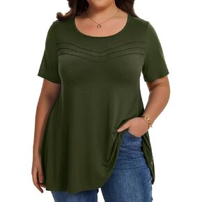 LARACE Plus Size Tunic Tops for Women to Wear with Leggings Round Neck Women's Short Sleeve Pleated T-Shirts Summer Clothes