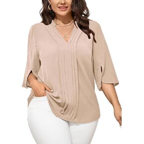 SCOMCHIC Women's Plus Size Blouses 3/4 Sleeve Dressy Tunic Tops Casual Loose V Neck Pleated Shirts