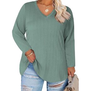 ROSRISS Plus-Size Shirts for Women Trendy Cable Knit V Neck Tops Oversized Long Sleeve Tees Dressy Pullover Tunics XL-5XL