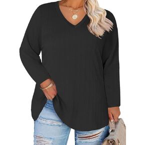 ROSRISS Plus-Size Shirts for Women Trendy Cable Knit V Neck Tops Oversized Long Sleeve Tees Dressy Pullover Tunics XL-5XL in Kuwait