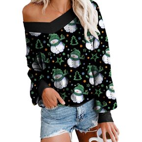 VILOVE Women's Ugly Christmas Sweatshirt Long Sleeve Waffle Knit Off Shoulder Tops Ugly Snowflake Reindeer Xmas Print Shirts