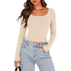 Zenlonr Women's Long Sleeve Scoop Neck T Shirts 2024 Button Down Solid Slim Fit Tops Casual Ribbed Knit Shirt Blouses