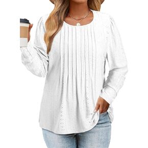 Eytino Womens Plus Size Long Sleeve Tops Crew Neck Pleated Flowy Eyelet Tunic Tops Loose Casual Blouses Fall Shirts(1X-5X)
