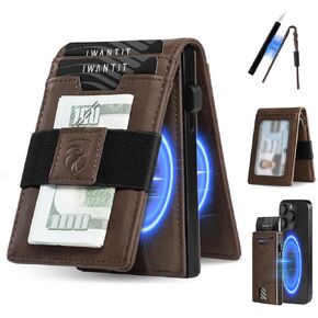 3 in 1 Wallet: Slim Bifold Money Clip - Smart Pop up Card Holder - Cash Strap, Mens Minimalist Magnetic Wallet, MagSafe Wallet for iPhone, ID Window, Premium Leather, RFID Blocking