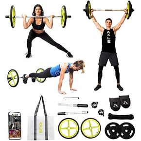 AXLE Home Gym Bundle Workout & Exercise Equipment, Olympic Barbell Weights Set, Two 5lbs Weight Plates, Resistance Band, Foot Anchors, & Tote Bag for Fitness & Strength Training for Men, Women & Youth