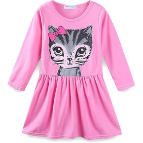 Mud Kingdom Little Girls Cotton Dresses Long Sleeve Cartoon Cat Prints Casual