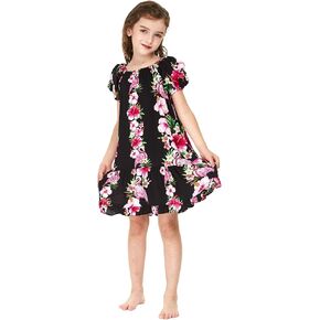 Girl Hawaiian Short Sleeve Simple Muumuu Ruffle Dress in Pink Hibiscus Vine Black