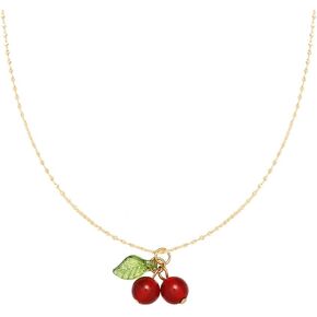 Cute Cherry Pendant Necklace Stainless Steel Red Agate Bead Fruit Acrylic Leaf Adjustable Chain Choker Necklace Fashion 18K Gold Plated Jewelry Gifts for Women Bff