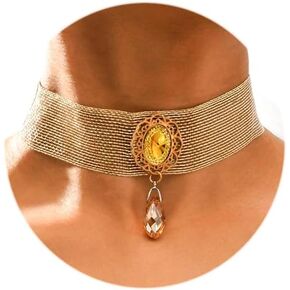 Vinzar Boho Gold Choker Necklace Gold Mesh Collar Necklace Crystal Pendant Women Necklace for Party Prom Daily