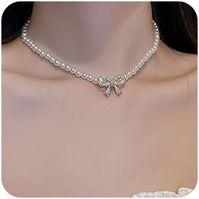 fxmimior Boho Shiny Pearl Rhinestones Bow Choker Necklaces Dainty Rhinestones Pearls Chunky Short 1920s Choker Necklace Choker Necklaces Prom Party Bar Accessories for Women