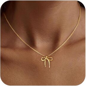 Gold Necklace for Women Trendy, Dainty Gold Bow Necklace 14K Gold Plated Necklace Cute Bow Pendant Necklace Simple CZ Bead Bow Chain Choker Necklaces for Women Gold Jewelry Christmas Gifts