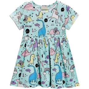 FreeLu Girls Short Sleeve Dress Cotton Casual Cartoon Dresses Size 2-8 Years