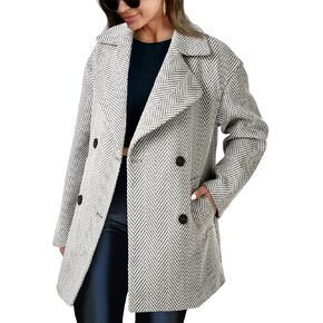 Cicy Bell Womens Oversized Herringbone Pea Coats Double Breasted Mid Length Wool Blend Trench Coat Blazer Jackets