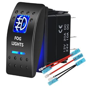 AUKA Fog Lights Rocker Switch Waterproof 12V/20A 24V/10A, 5Pin SPST ON-Off Toggle Switch Blue LED Light, with Jumper Wires Set for Car Marine Boat Truck Trailer 4x4 Caravan RV SUV ATV UTV