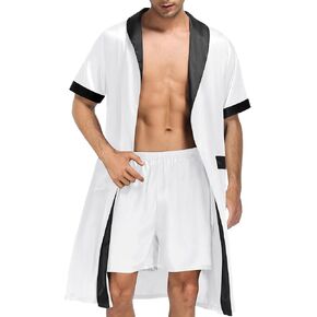 SWOMOG Men's Satin Robe with Shorts Set Silky Short Sleeve Kimono Bathrobe Lightweight Soft Sleepwear