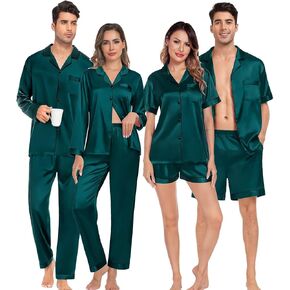 SWOMOG Matching Pajamas Sets for Couples 4 Pcs Silk Satin Pjs Sets Women & Men Button-Down Sleepwear Soft Loungewear