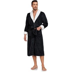 RONGTAI Men's Plush Long Bathrobe, Soft and Warm, Full Length, Shawl Collar, Fleece