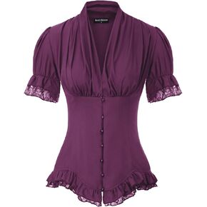 Scarlet Darkness Women 2024 Summer Short Sleeve Shirt Dressy Victorian Blouse Lace Up Top