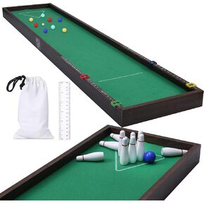 Sterling Games Tabletop Shuffleboard, Bowling and Curling 3 in 1 Combo Game Set, Two Sided Wooden Arcade Game Board with Pucks and Bowling Pins, a Table Top Game for Kids and Family