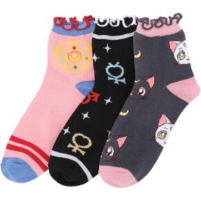 Bioworld Sailor Moon Cosmic Symbols & Cats Women’s 3-Pair Lettuce Edge Casual Quarter Crew Socks