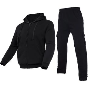 Men's Winter Hoodie Black Tracksuit Long Sleeve Full Zip Sports Set Warm Jacket Piece Outfit Jogging SweatSuits(Black,L)