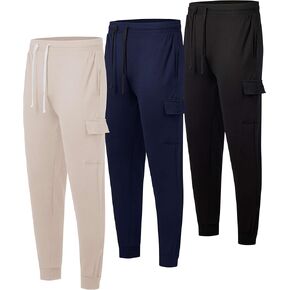 3 Pack: Men's Cotton Fleece Cargo Jogger Sweatpants with Pockets