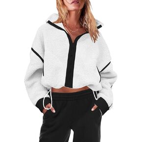 Womens Fleece Zip Down Jacket Soft Oversized Crop Sweatshirt with Pockets Long Sleeve Winter Coats