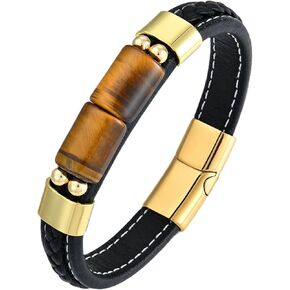 STARCHENIE Tiger Eye Leather Bracelet for Men Rectangle Authentic Tiger Eye Black Braided Leather Mens Bracelet and Stainless Steel Buckle