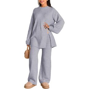 Womens Sweater Sets 2 Piece Outfits round neck Pullover Wide Leg Pant Slouchy Loungewear