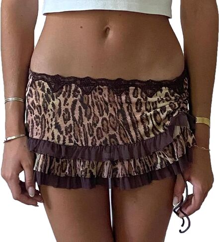 Argeousgor Women Y2K Lace Mini Skirt Low Rise Leopard Half Slip Skirt Contrast Ruffle Flowy Mesh Short Skirt Underskirt in Kuwait
