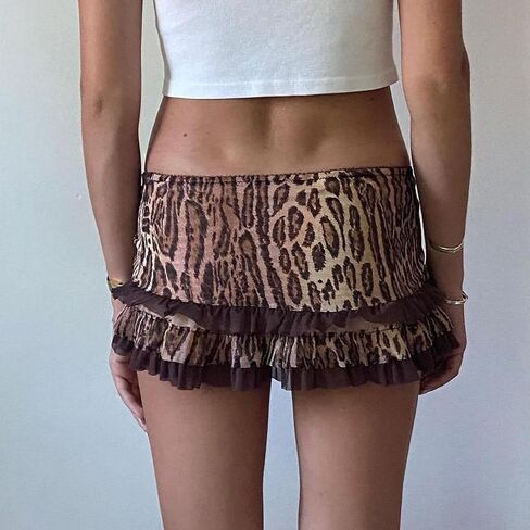 Argeousgor Women Y2K Lace Mini Skirt Low Rise Leopard Half Slip Skirt Contrast Ruffle Flowy Mesh Short Skirt Underskirt in Kuwait