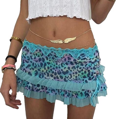 Argeousgor Women Y2K Lace Mini Skirt Low Rise Leopard Half Slip Skirt Contrast Ruffle Flowy Mesh Short Skirt Underskirt in Kuwait