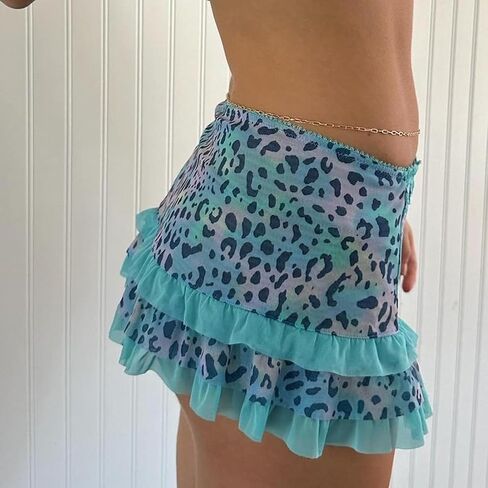 Argeousgor Women Y2K Lace Mini Skirt Low Rise Leopard Half Slip Skirt Contrast Ruffle Flowy Mesh Short Skirt Underskirt in Kuwait