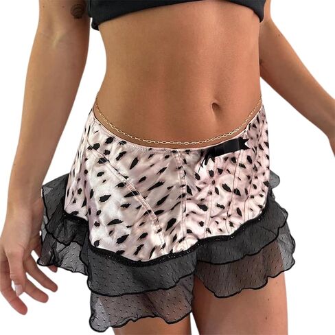 Argeousgor Women Y2K Lace Mini Skirt Low Rise Leopard Half Slip Skirt Contrast Ruffle Flowy Mesh Short Skirt Underskirt in Kuwait