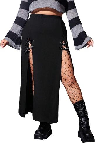OYOANGLE Women's Plus Size High Slit Buckle Maxi Skirt Y2K Streetwear Long Skirts in Saudi Arabia