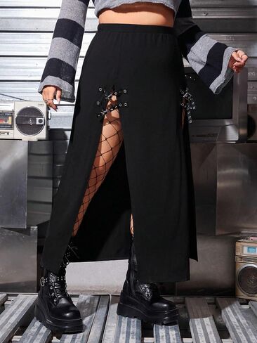 OYOANGLE Women's Plus Size High Slit Buckle Maxi Skirt Y2K Streetwear Long Skirts in Saudi Arabia