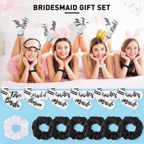 Toulite 7 Pairs Bride Bridesmaid Socks 7 Satin Bridesmaid Scrunchies Women Wedding Gifts Set Bachelorette Party Favors in Kuwait