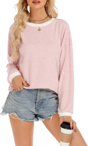 Moreone Womens Long Sleeve Striped Shirt Women Oversized Crewneck T Shirts Casual Loose Fit Tunic Tops in Saudi Arabia
