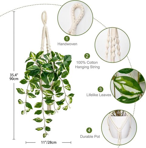 Briful Artificial Hanging Plant Indoor, Macrame Plant Hanger with Fake Pothos Plant in White Pot, White N' Joy Faux Hanging Plant for Home Ceiling Farmhouse Kitchen Decor in Saudi Arabia