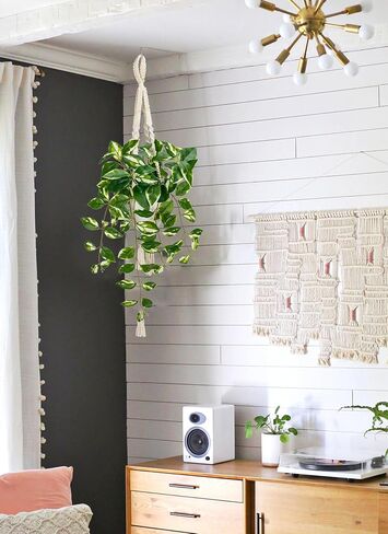 Briful Artificial Hanging Plant Indoor, Macrame Plant Hanger with Fake Pothos Plant in White Pot, White N' Joy Faux Hanging Plant for Home Ceiling Farmhouse Kitchen Decor in Saudi Arabia