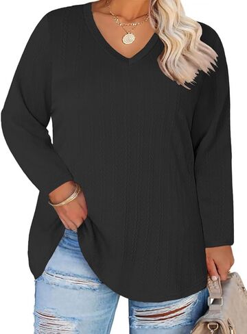 ROSRISS Plus-Size Shirts for Women Trendy Cable Knit V Neck Tops Oversized Long Sleeve Tees Dressy Pullover Tunics XL-5XL in Kuwait