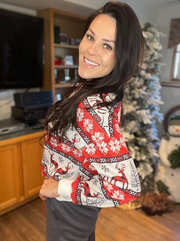 VILOVE Women's Ugly Christmas Sweatshirt Long Sleeve Waffle Knit Off Shoulder Tops Ugly Snowflake Reindeer Xmas Print Shirts in Saudi Arabia