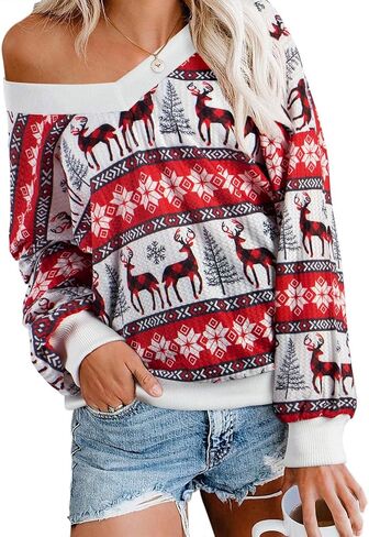 VILOVE Women's Ugly Christmas Sweatshirt Long Sleeve Waffle Knit Off Shoulder Tops Ugly Snowflake Reindeer Xmas Print Shirts in Saudi Arabia