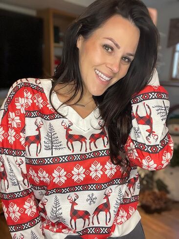 VILOVE Women's Ugly Christmas Sweatshirt Long Sleeve Waffle Knit Off Shoulder Tops Ugly Snowflake Reindeer Xmas Print Shirts in Saudi Arabia