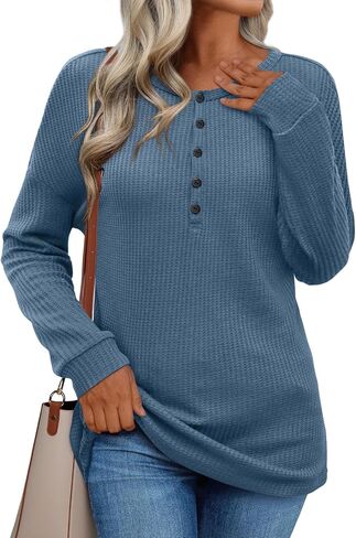 Womens Waffle Knit Tunic Tops Loose Long Sleeve Tops Button Up V Neck Henley Shirts Casual Loose Pullover Tops in Saudi Arabia